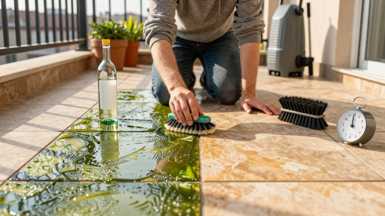 Person scrubbing green algae off outdoor tiled floor with brush, bottle, and timer nearby in sunlight.