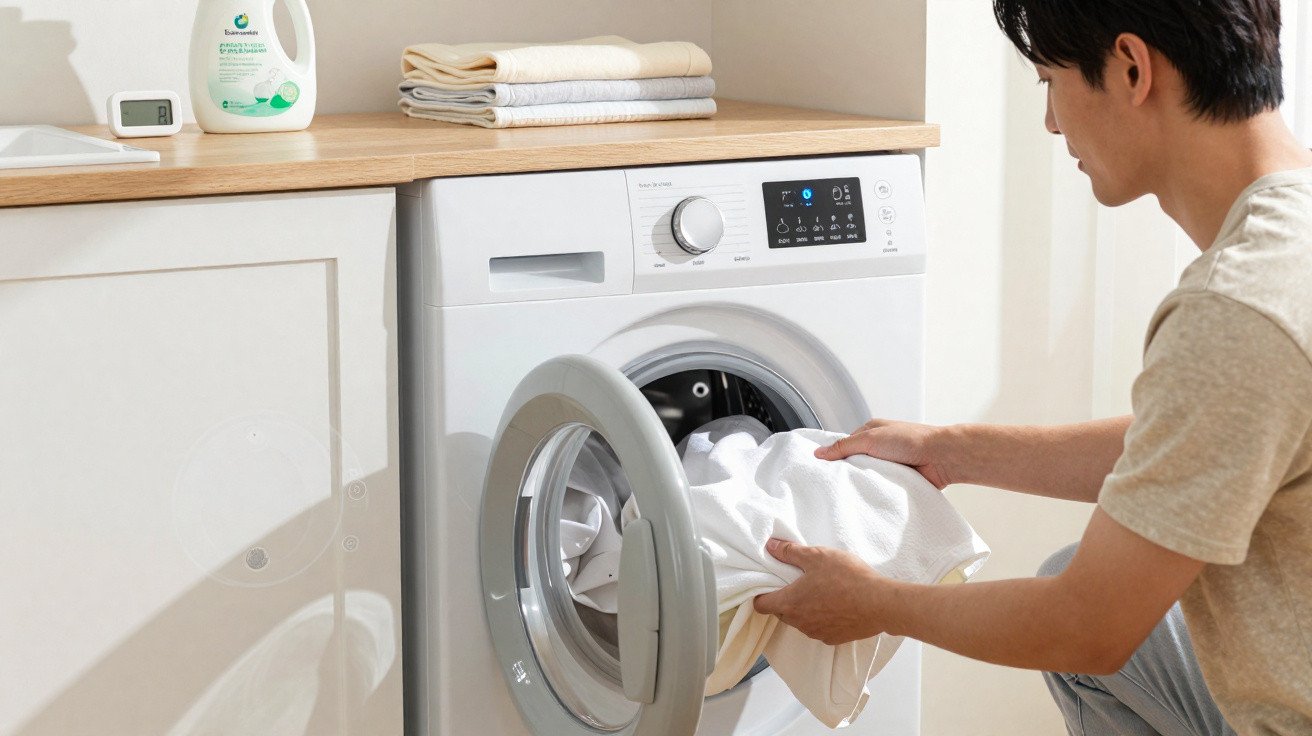 Person loading white laundry into a front-loading washing machine in a bright laundry room.