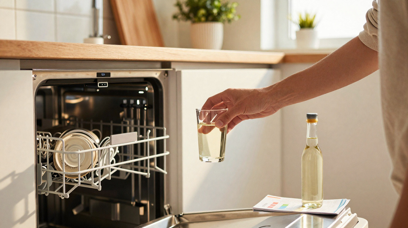 Hand holding a glass of white wine next to an open dishwasher with a bottle on the kitchen counter.