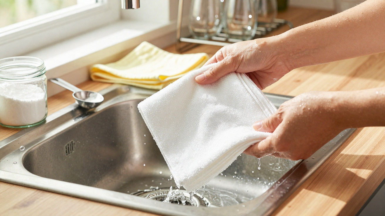 Hands wringing out a wet white cloth over a kitchen sink with a wooden countertop.