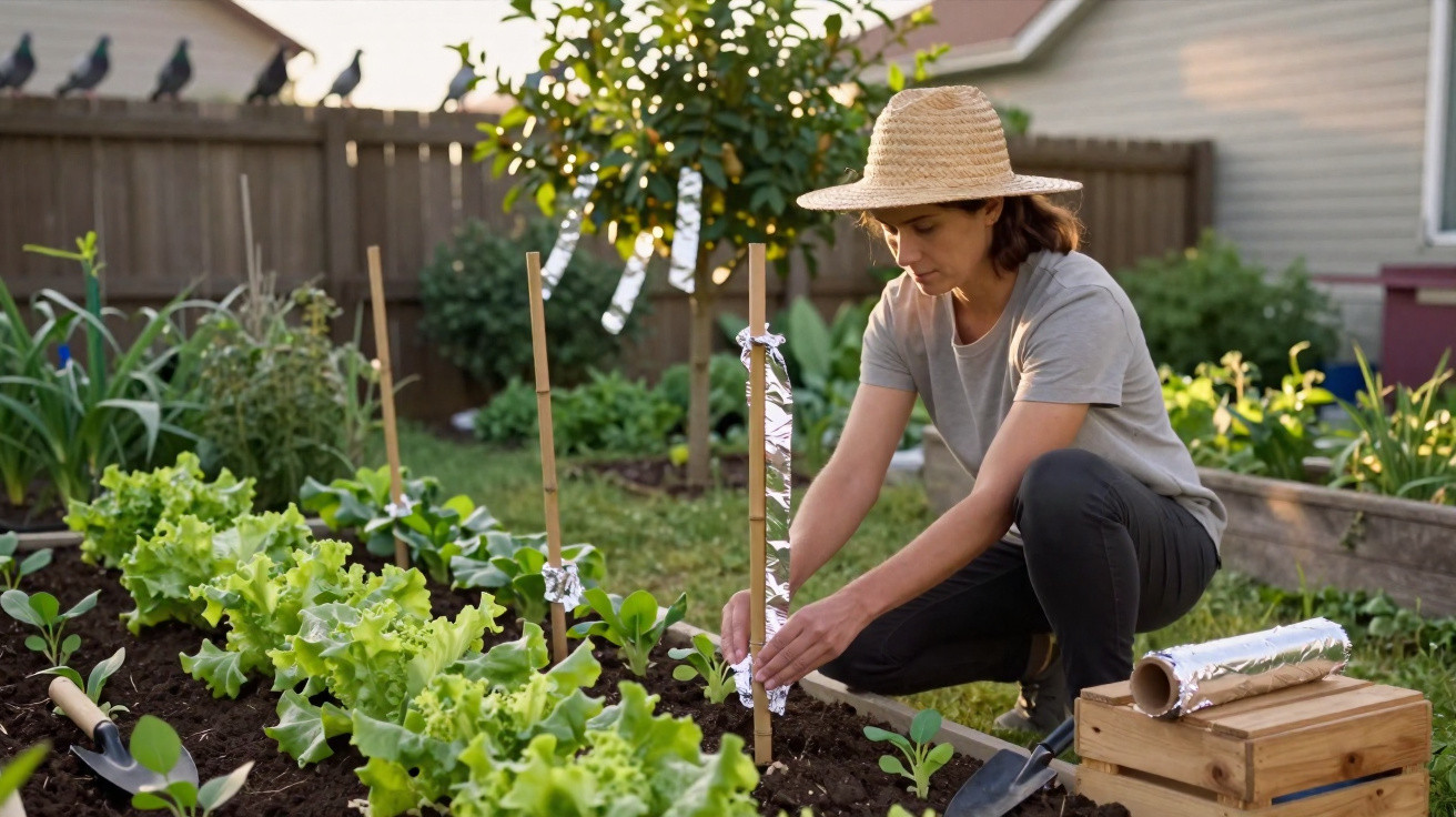 Person wearing a straw hat planting vegetables in a garden bed in a backyard garden.