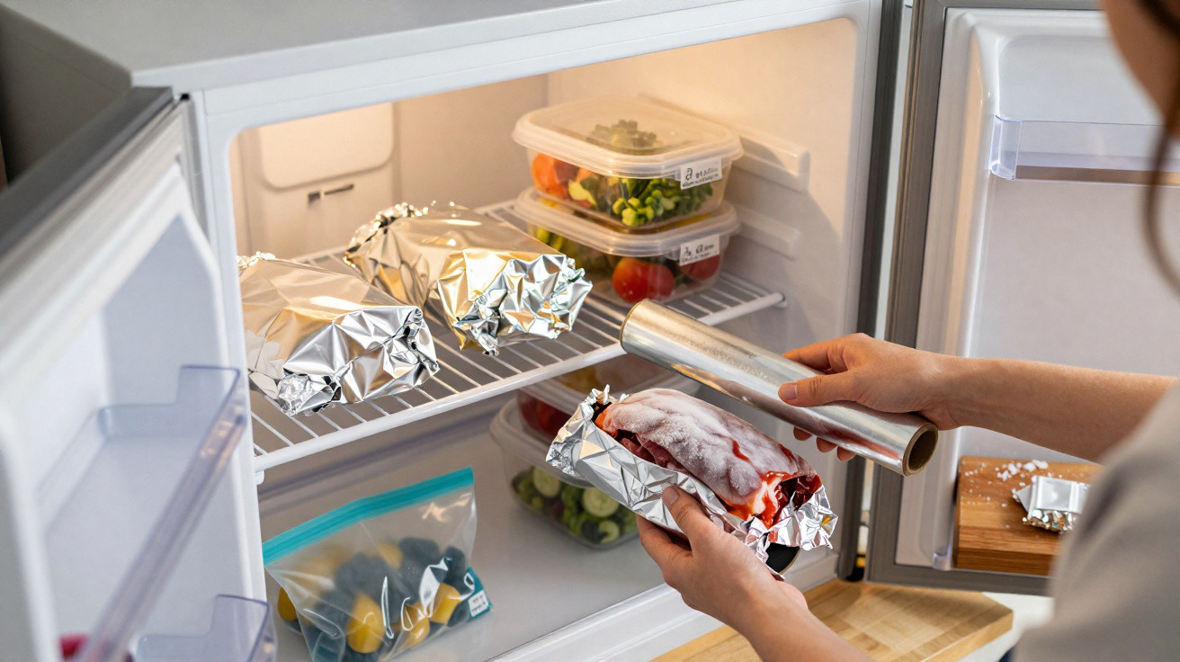 Person wrapping a red meat piece in foil with frost inside a home freezer.