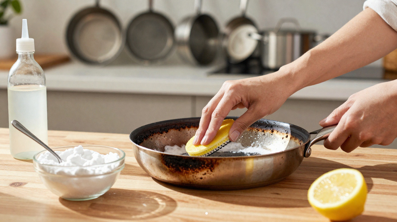 Hands scrubbing a frying pan with a lemon half and baking soda on a wooden kitchen countertop.
