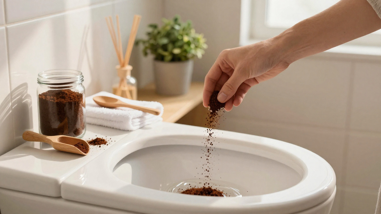 Hand sprinkling coffee grounds into a toilet bowl with a jar and wooden scoops beside it in a bathroom.