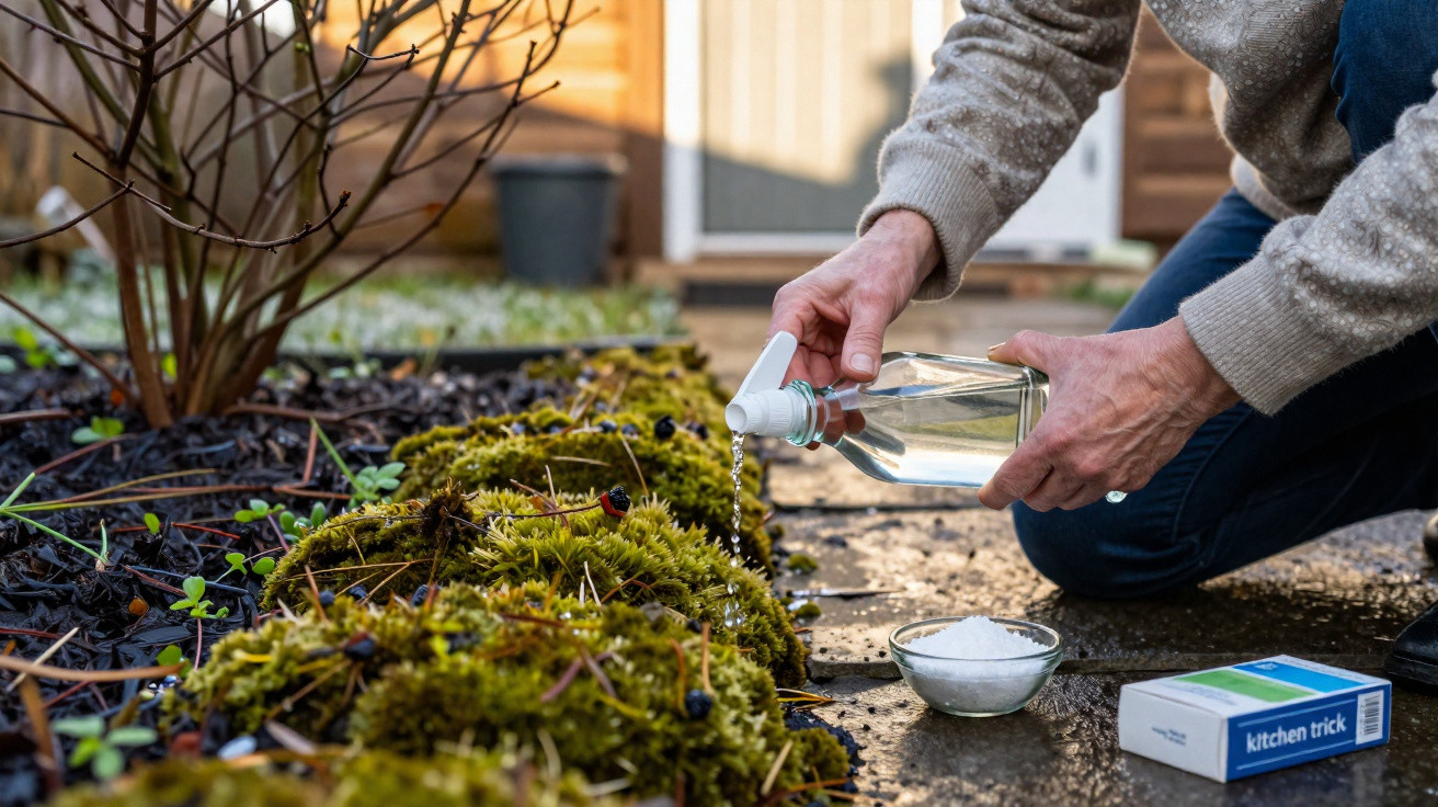 Person pouring clear liquid from a plastic bottle onto moss in a garden, with a bowl of salt and box nearby.
