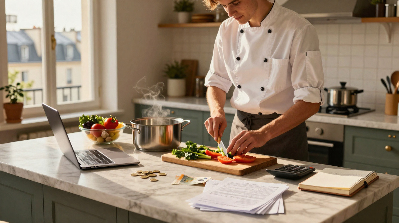 Chef in a kitchen chopping vegetables on a board next to a steaming pot and open laptop on the counter.