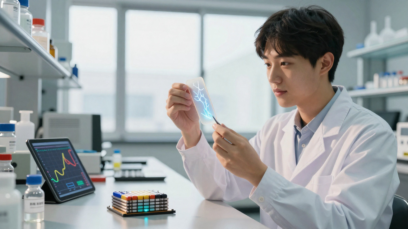 Scientist in lab coat examining a glowing transparent slide with digital data on a tablet nearby in a laboratory.