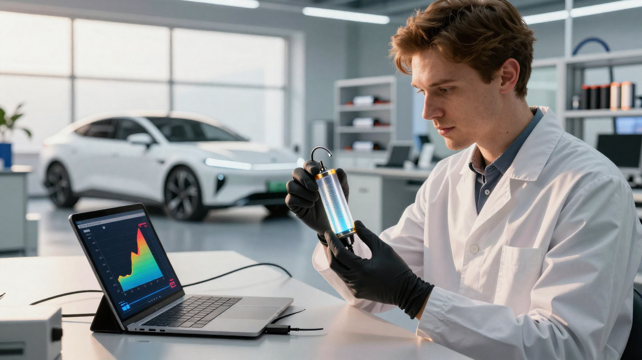 Scientist in lab coat examining a cylindrical battery cell with a laptop showing a graph, electric car in background.
