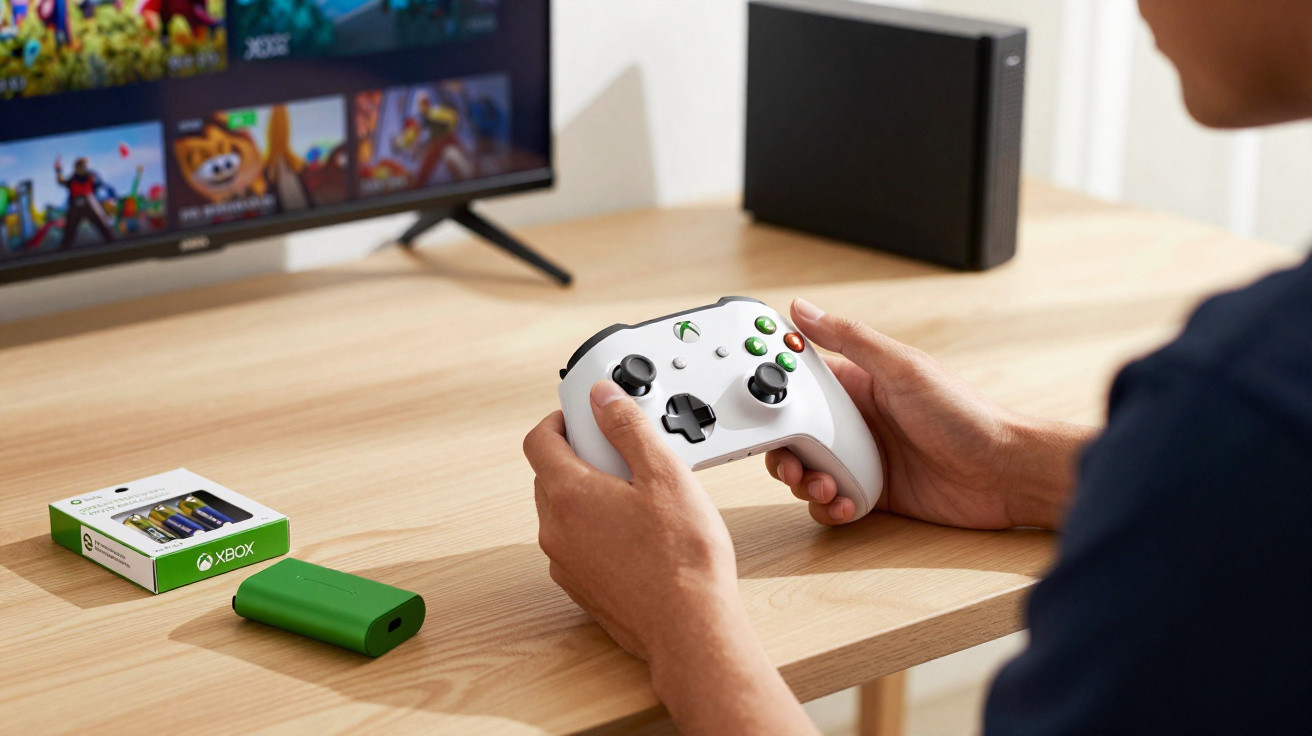 Person holding a white Xbox controller playing a game with TV and accessories on a wooden table.