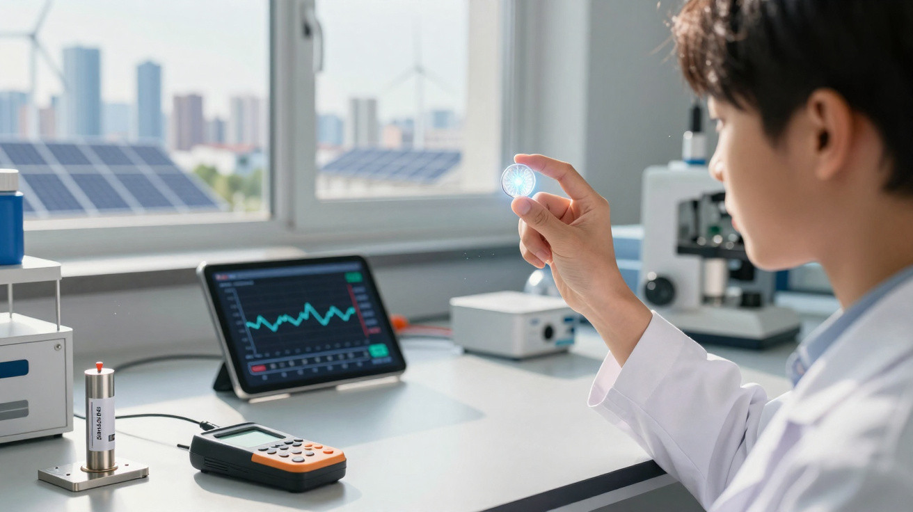 Scientist in lab coat examining glowing coin with digital equipment and solar panels visible outside window.