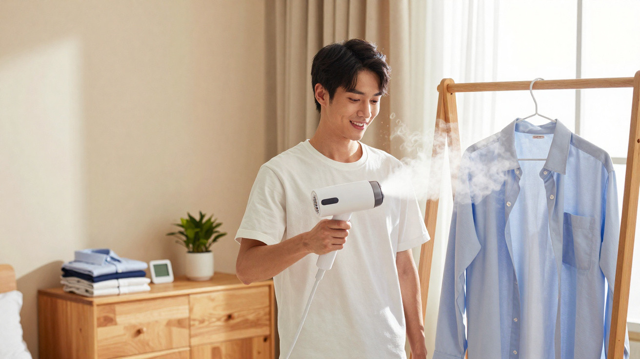 Young man using handheld garment steamer on blue shirt in a bright, tidy bedroom.