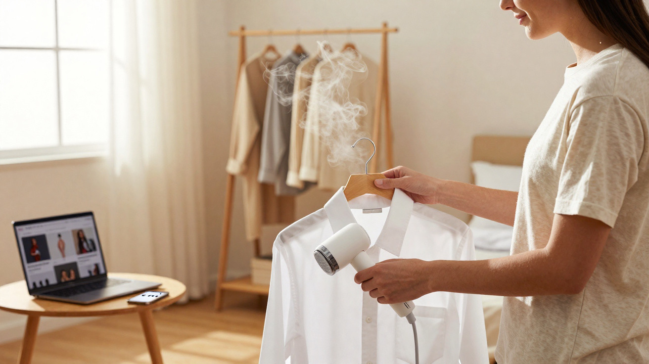 Person steaming a white shirt on a hanger in a bright bedroom with a laptop and clothes rack in the background.