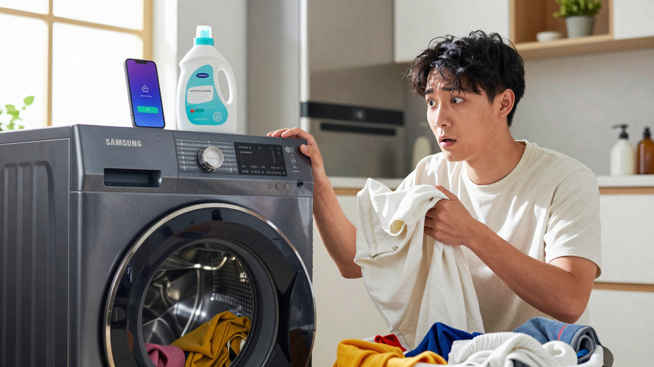 Man looking surprised holding clothes beside a Samsung washing machine with detergent and phone on top.