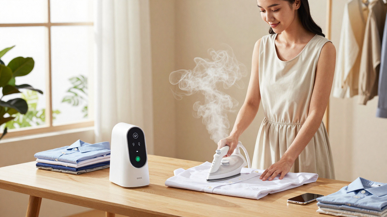 Woman steaming a white shirt with a handheld garment steamer on a wooden table indoors.