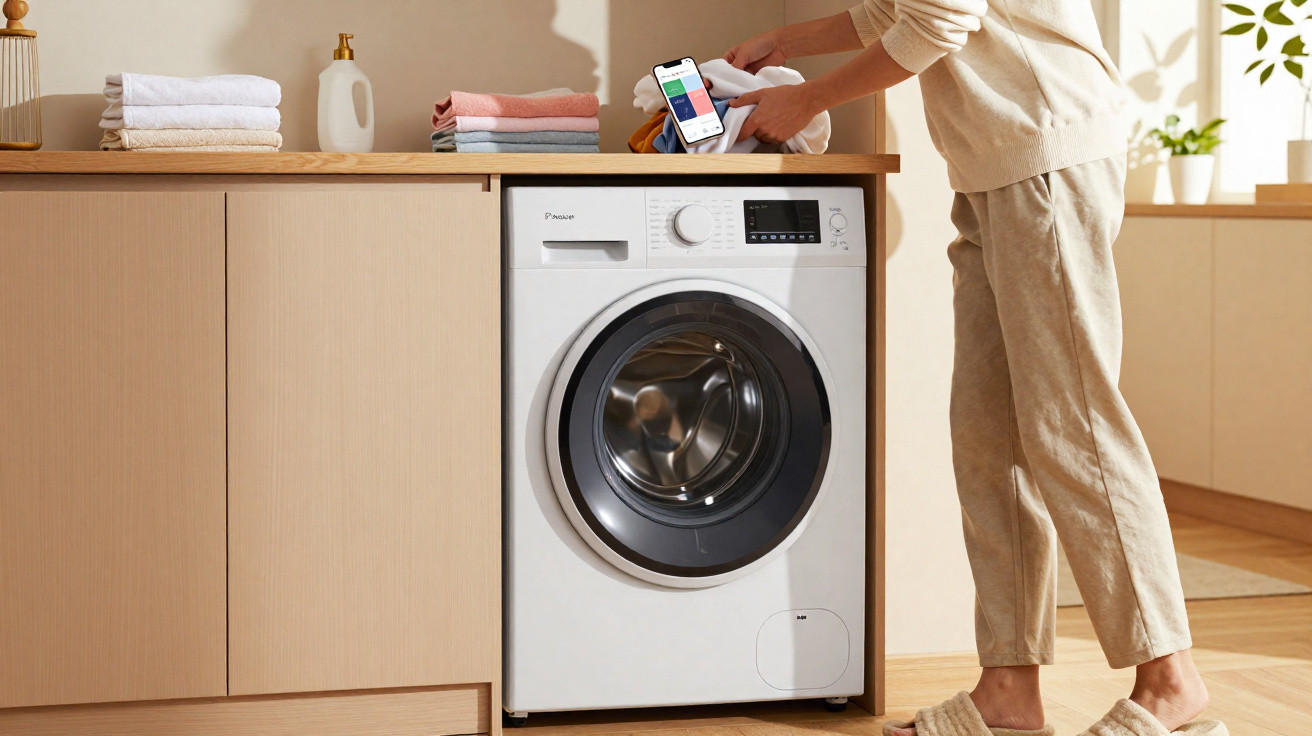 Person loading laundry into a front-loading washing machine in a bright, modern laundry room.