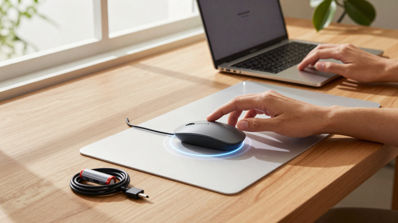 Person using a wired computer mouse on a mousepad next to a laptop on a wooden desk by a window.
