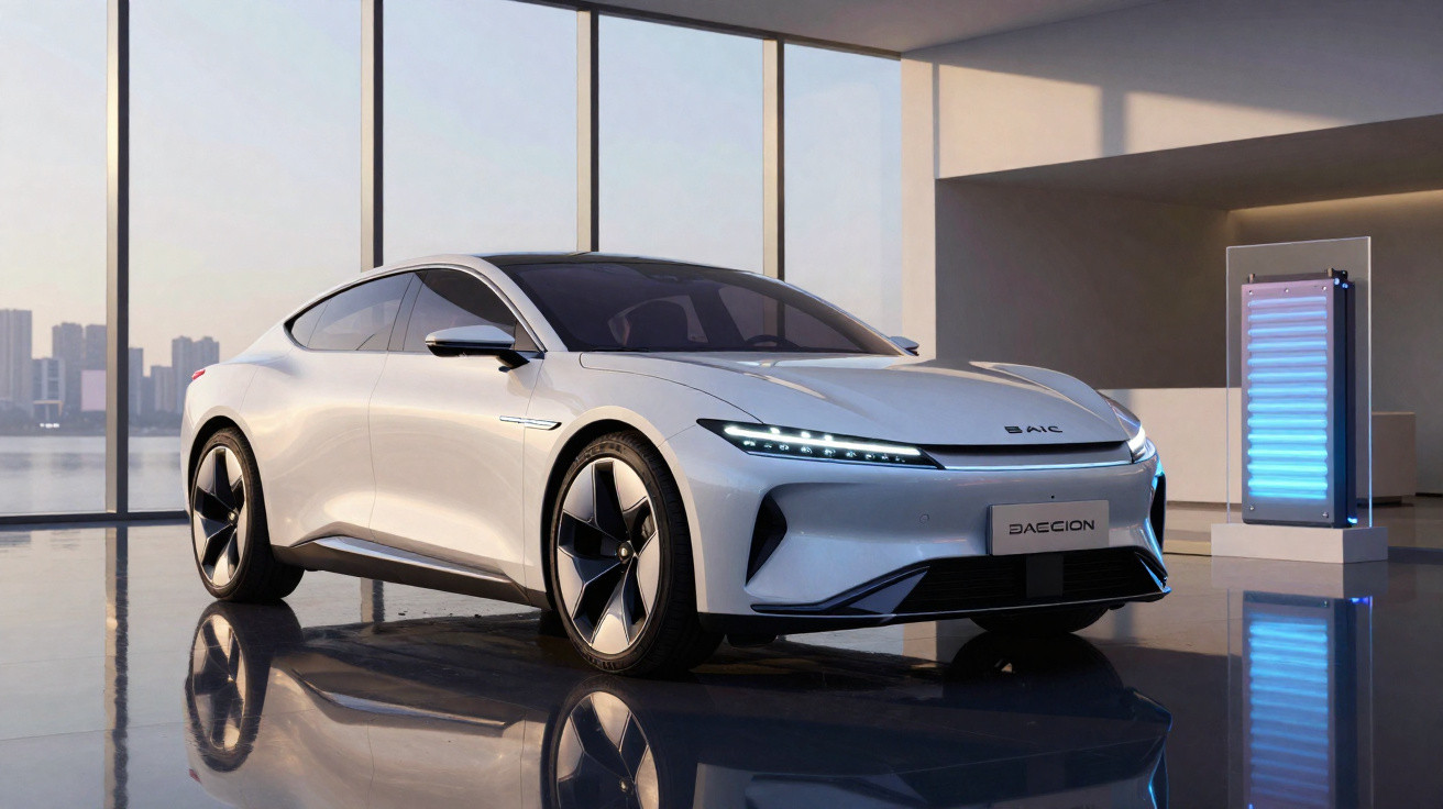 White sleek electric car with LED headlights displayed in modern glass showroom with cityscape view.
