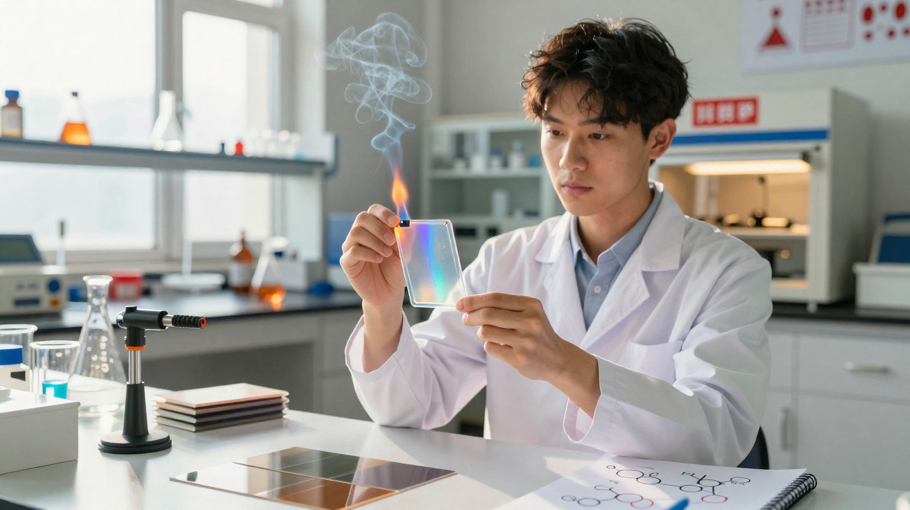 Scientist in lab coat holding a glass slide with flame and smoke in a laboratory setting.