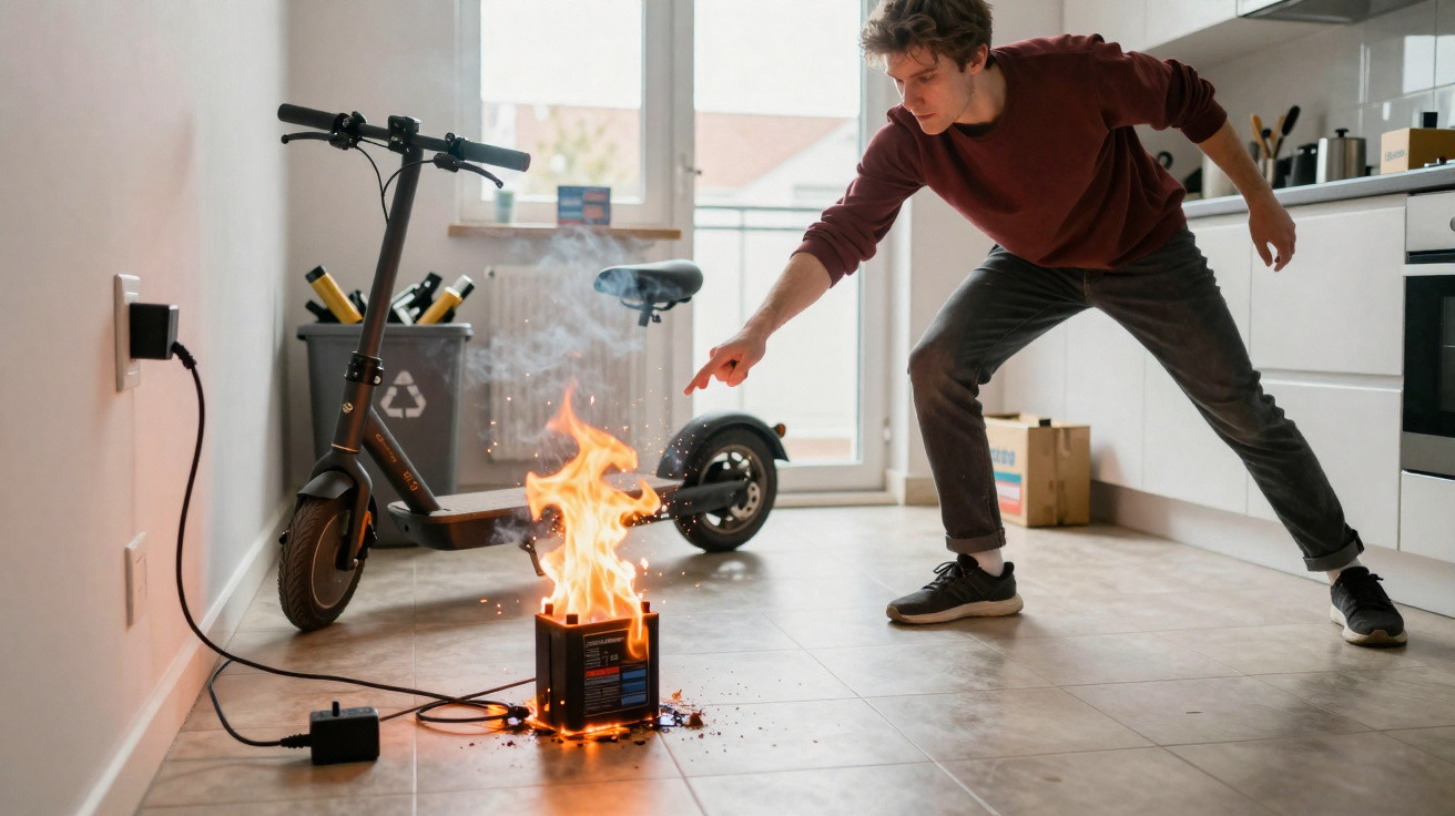 Man urgently pointing at a small battery on fire while standing near an electric scooter in a kitchen.