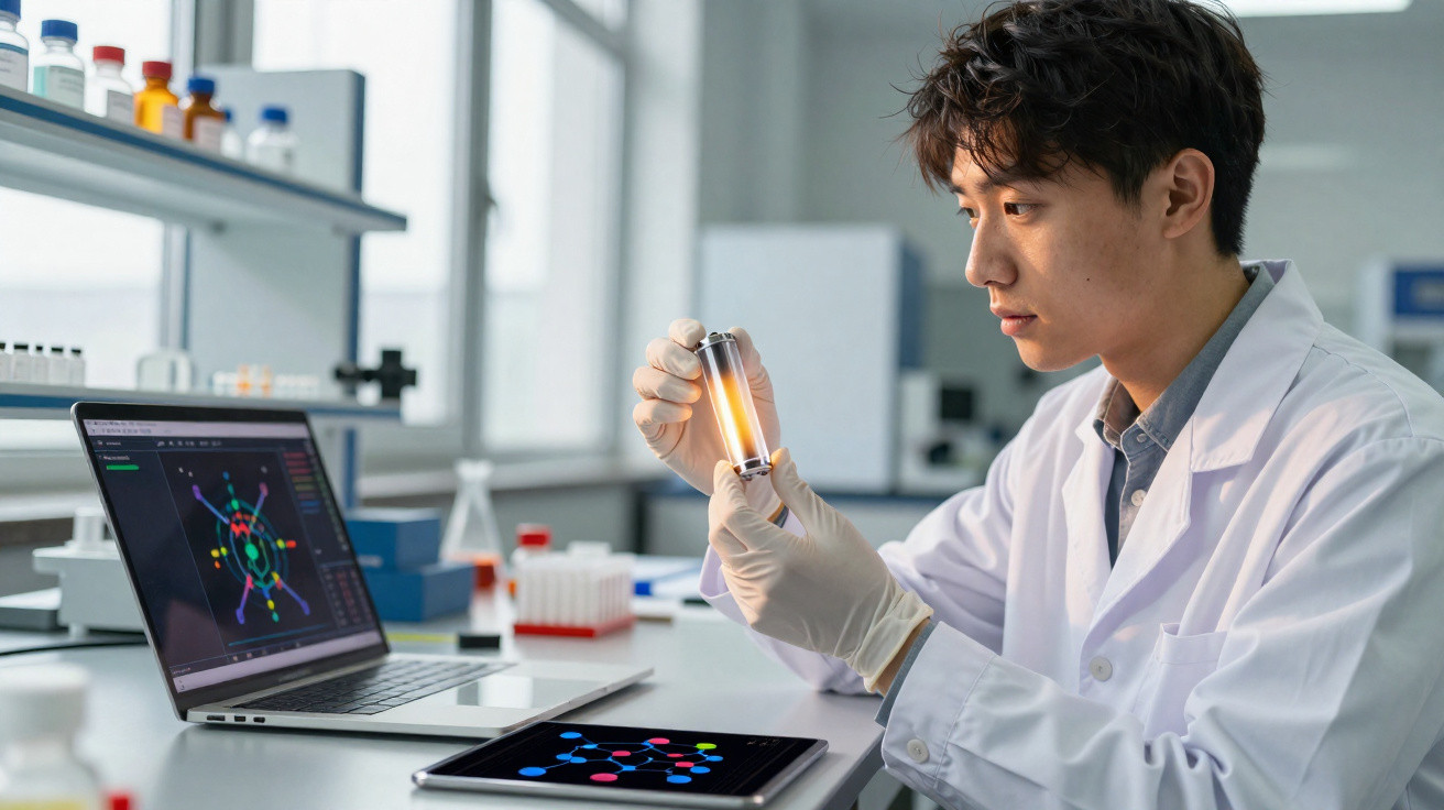 Scientist in lab coat examining a glowing test tube with laptop and tablet showing molecular data.