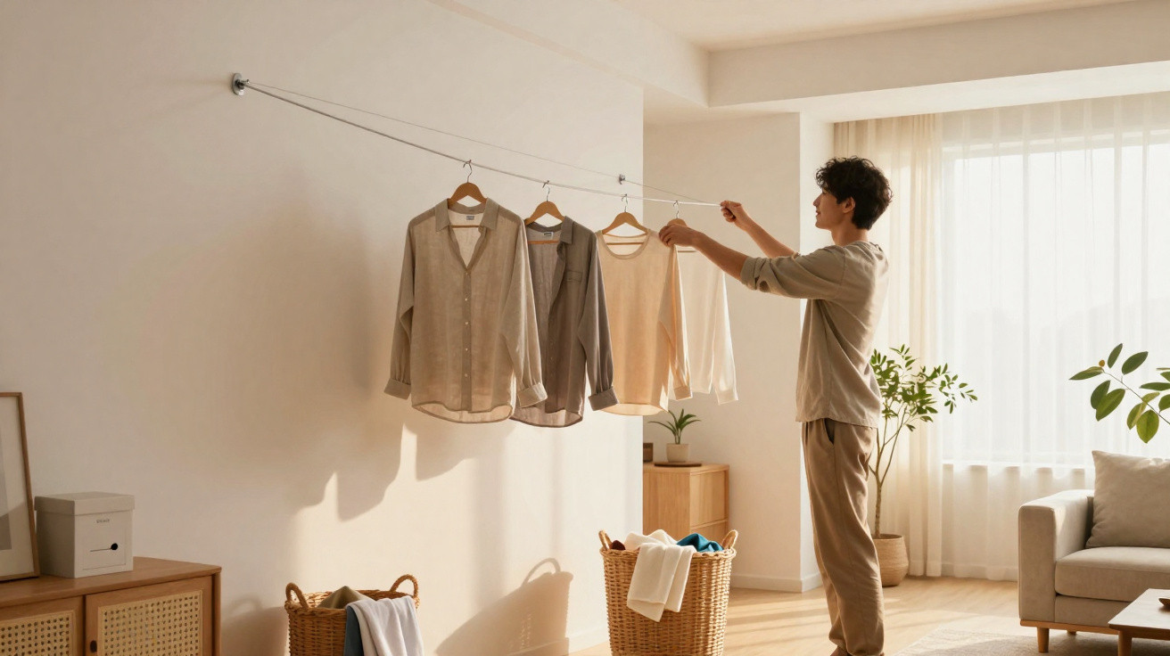 Young man hanging shirts on an indoor retractable clothesline in a bright living room with natural light.