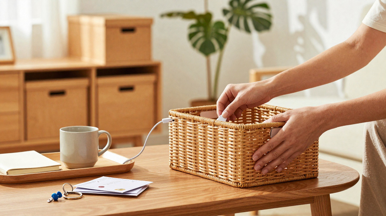 Hands placing a white smartphone into a woven basket on a wooden table with mug and letters.