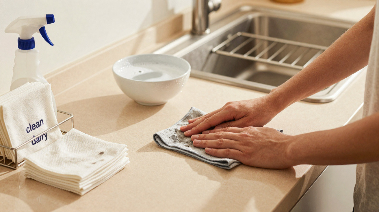 Hands wiping a kitchen countertop with a grey cloth beside a sink and cleaning supplies.