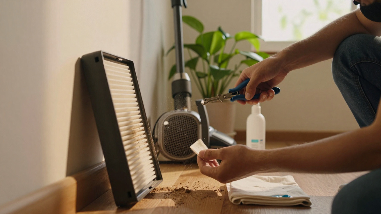 Person using pliers to repair vacuum cleaner filter on wooden floor with plant and bottle in background