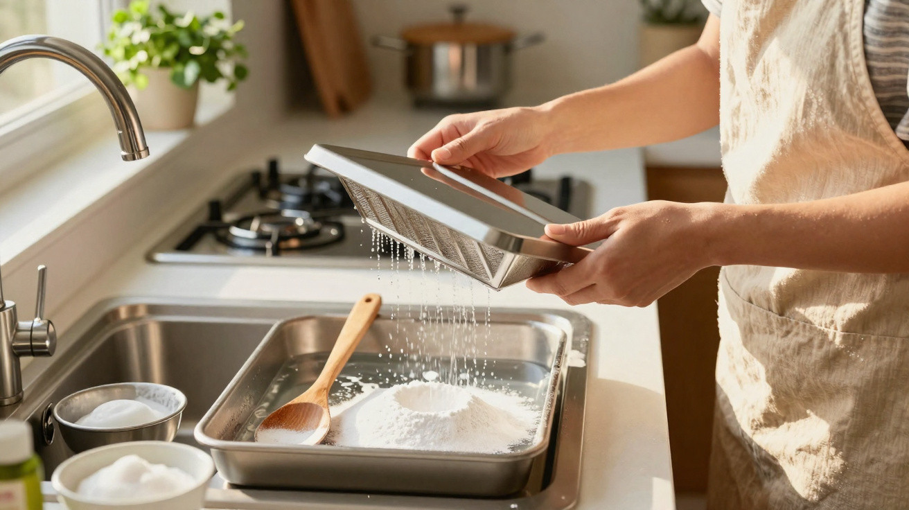 Person sifting flour into a baking tray with a wooden spoon in a bright kitchen.