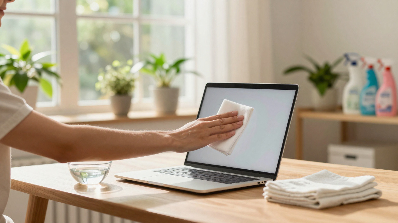 Person cleaning a laptop screen with a cloth on a wooden table near windows and plants.
