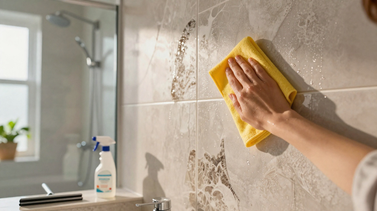 Hand cleaning tiled bathroom wall with a yellow cloth and cleaning spray bottle nearby on windowsill