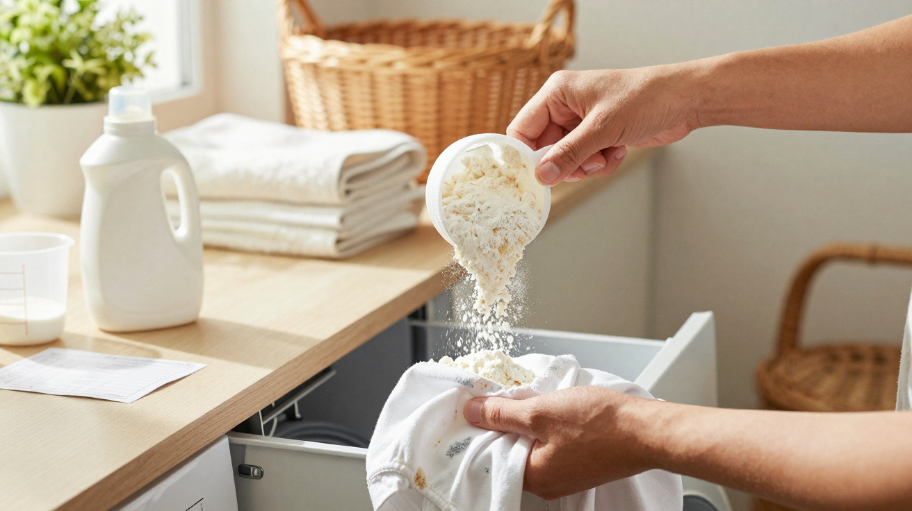 Person pouring powdered detergent onto a stained white garment over a washing machine drawer at home.