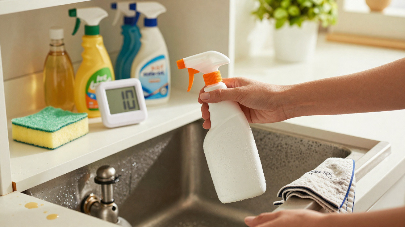 Person holding a white spray bottle above a stainless steel kitchen sink with cleaning products and a sponge nearby.