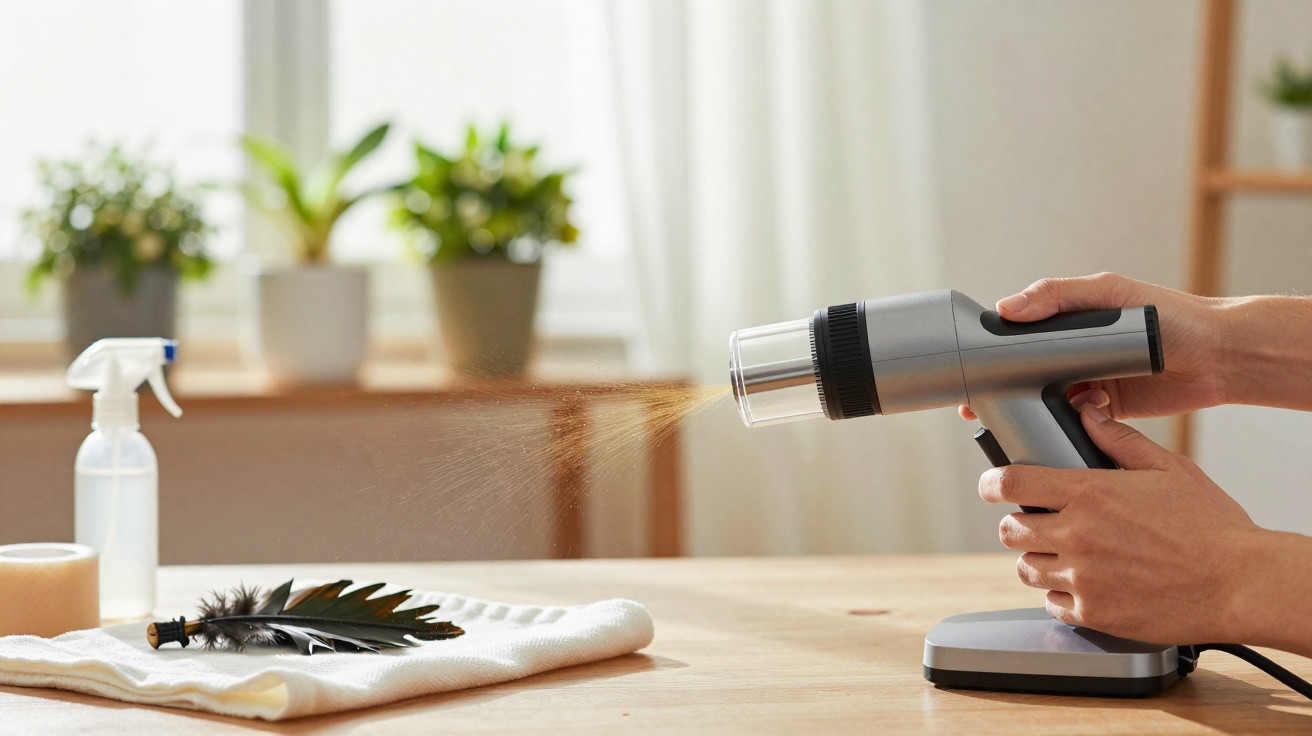 Person using a handheld fabric steamer to remove wrinkles from a cloth with feathers on a wooden table.