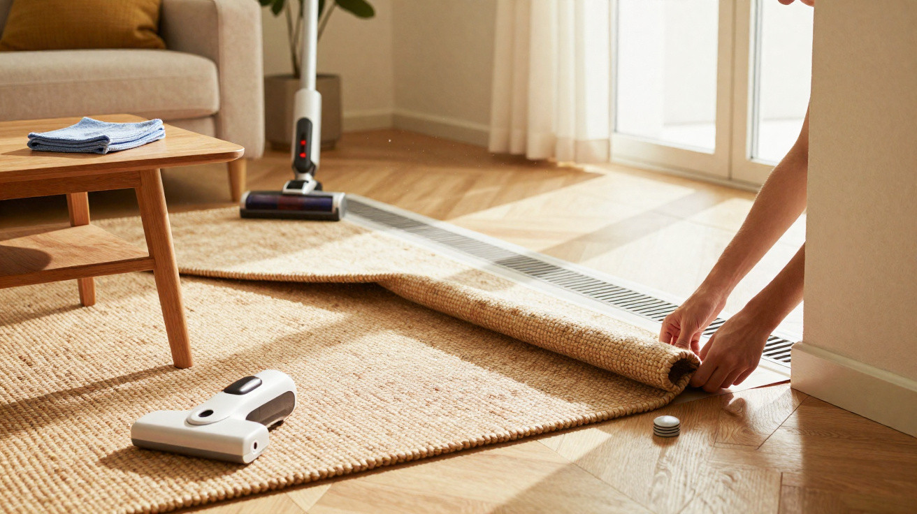 Person rolling up a beige rug on wooden floor in a sunlit living room with cleaning devices nearby