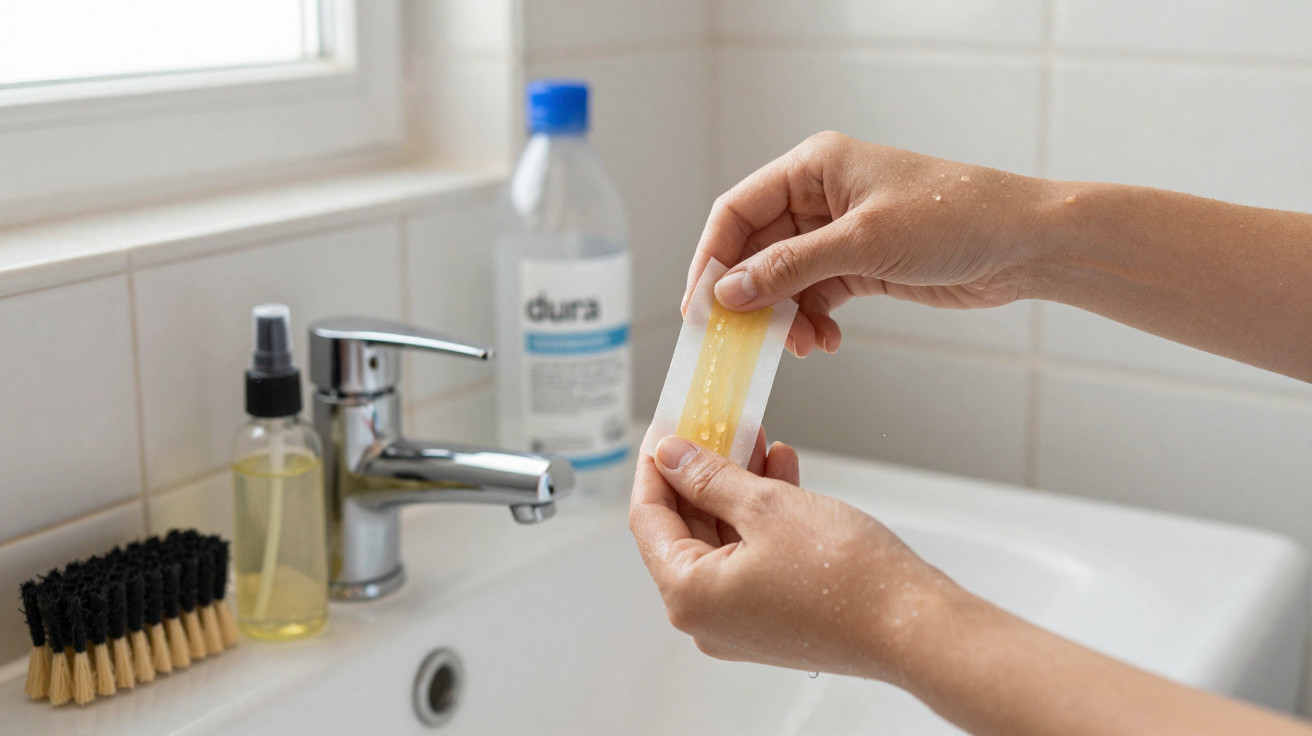 Hands holding a warm wax strip above a bathroom sink with grooming items on the side.
