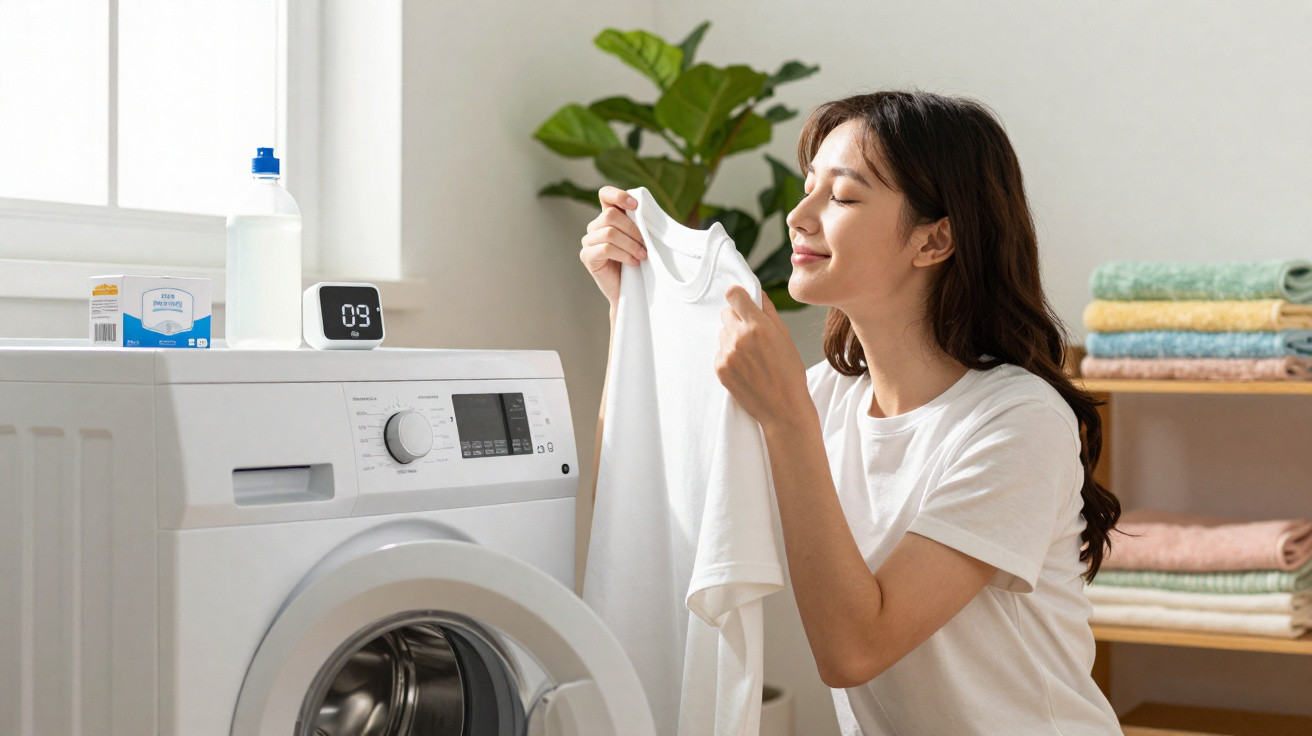 Woman smelling freshly washed white t-shirt near a washing machine in a bright laundry room.