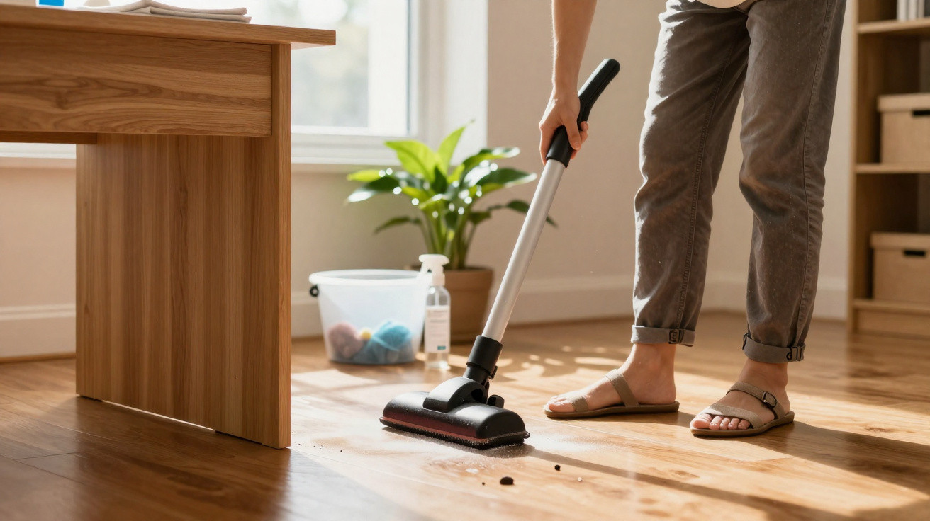 Person vacuuming wooden floor near a desk in a sunlit room with a plant and cleaning supplies in the background.