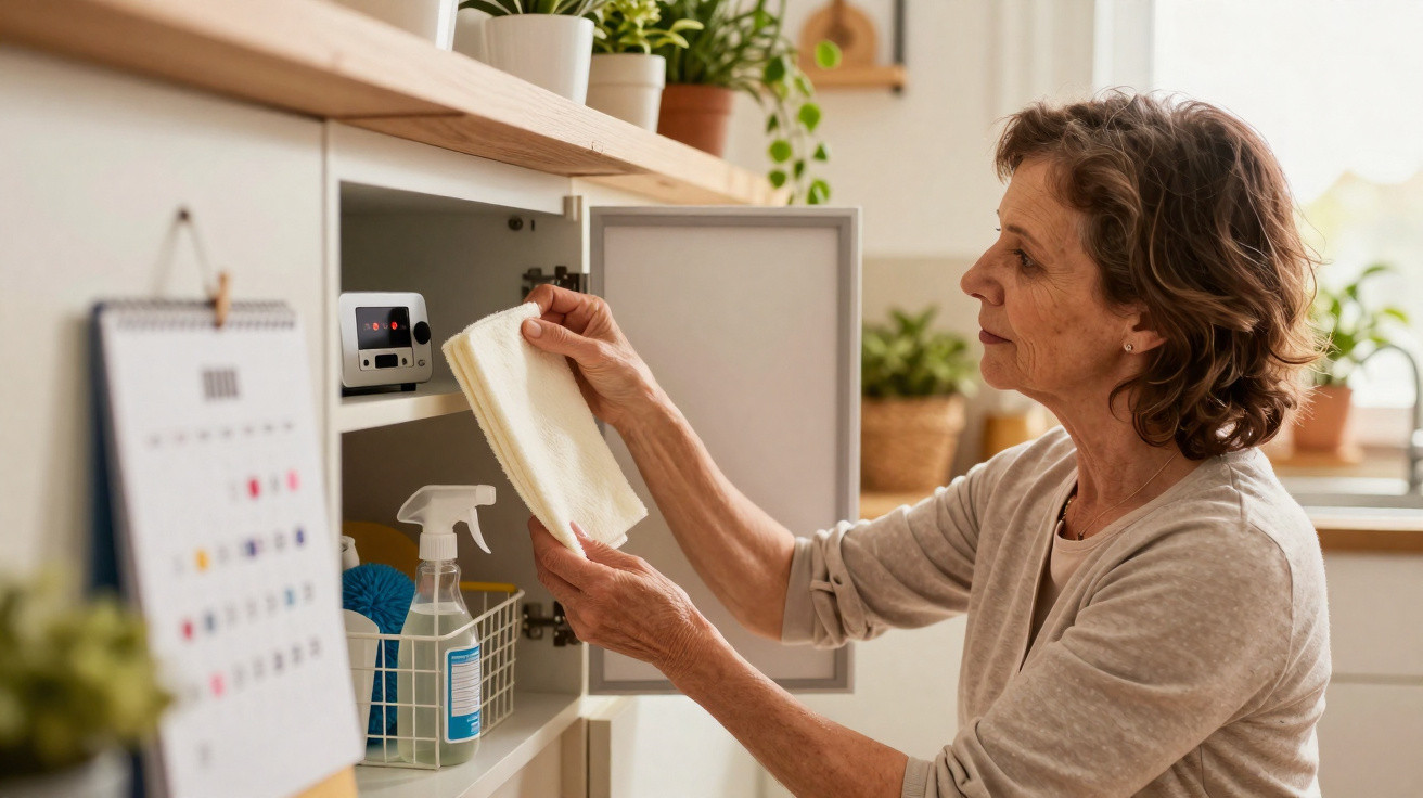 Older woman taking a cloth from a kitchen cabinet with cleaning supplies and plants nearby