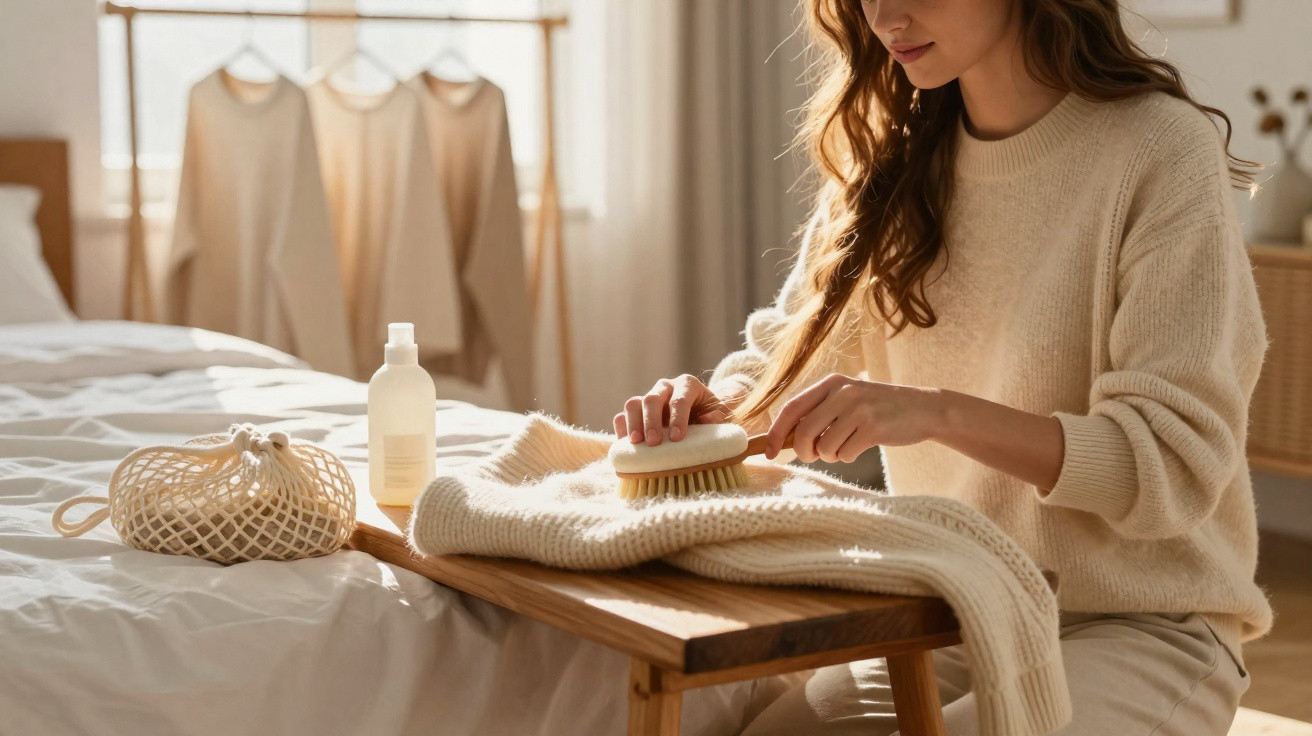 Woman brushing a cream sweater on a wooden bench in a sunlit bedroom with neutral decor.