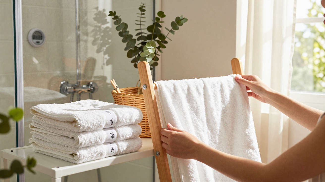 Person drying a white towel on a wooden ladder next to stacked towels and a plant in a bright bathroom.