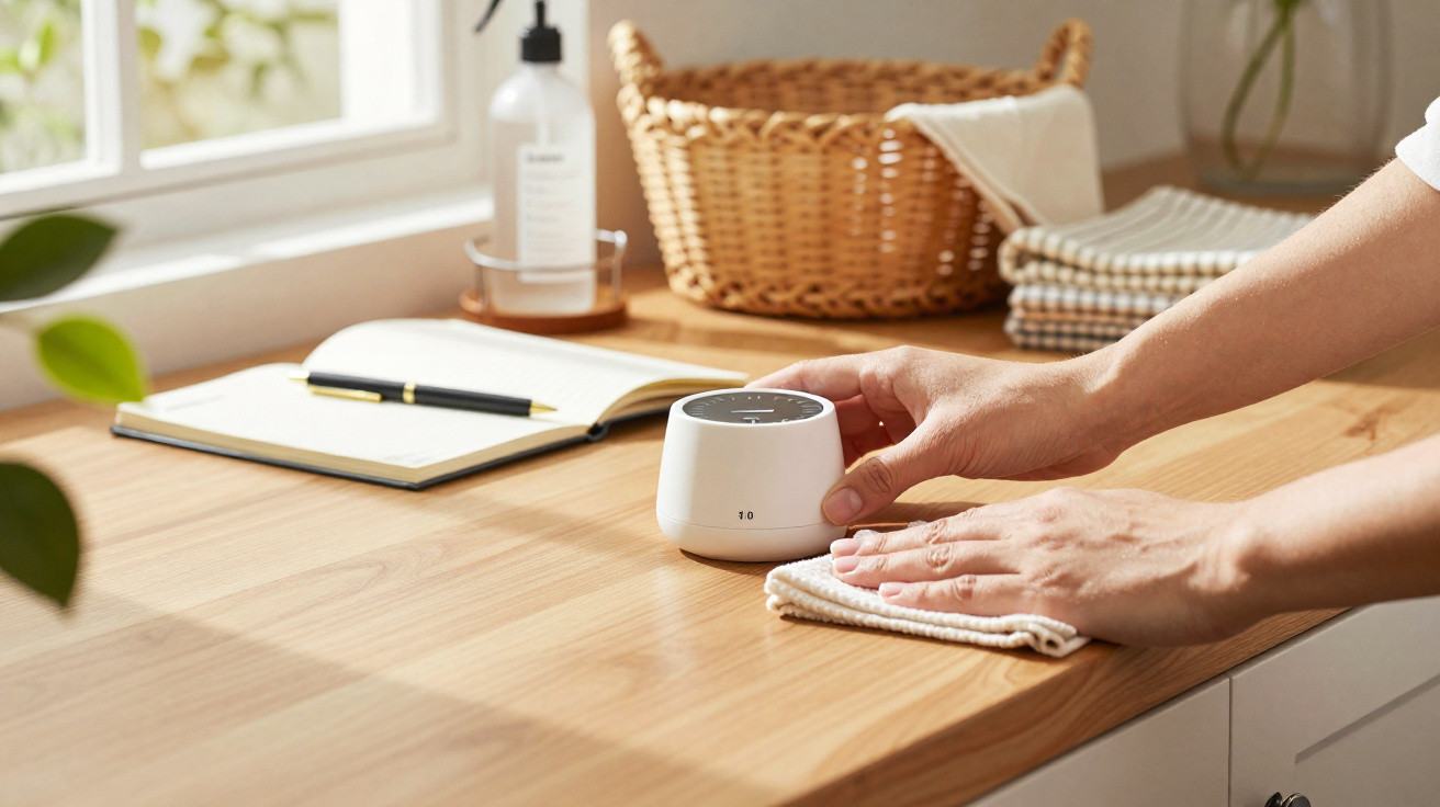 Hands cleaning a wooden countertop near a white timer, notebook, pen, basket, and folded cloths by a window.