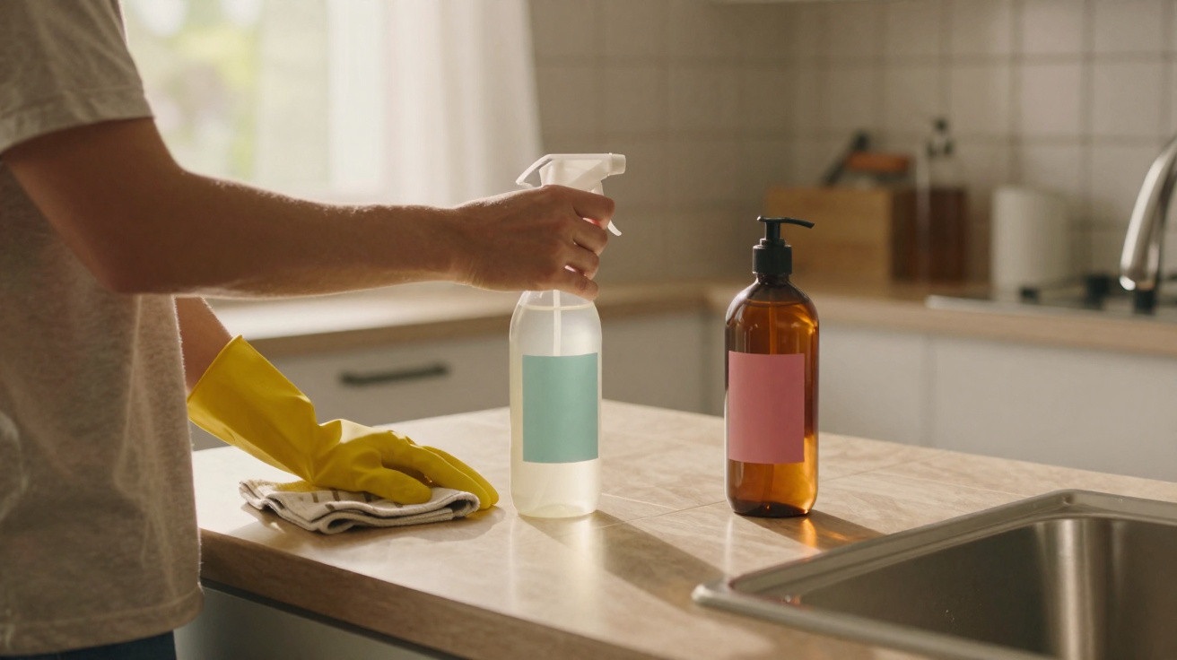 Person wearing yellow gloves cleaning a kitchen countertop with spray bottle and cloth near a sink