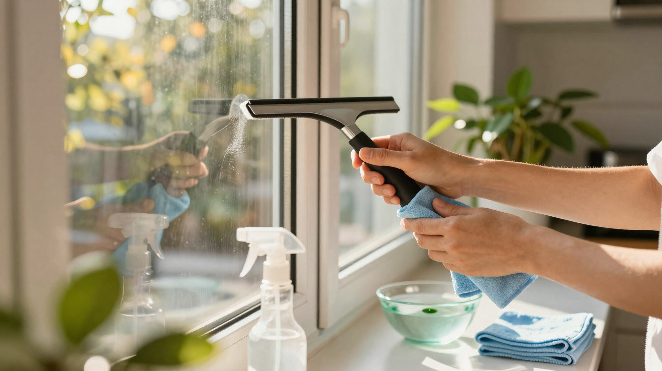 Person cleaning a window with a squeegee and blue cloth on a sunny day indoors.