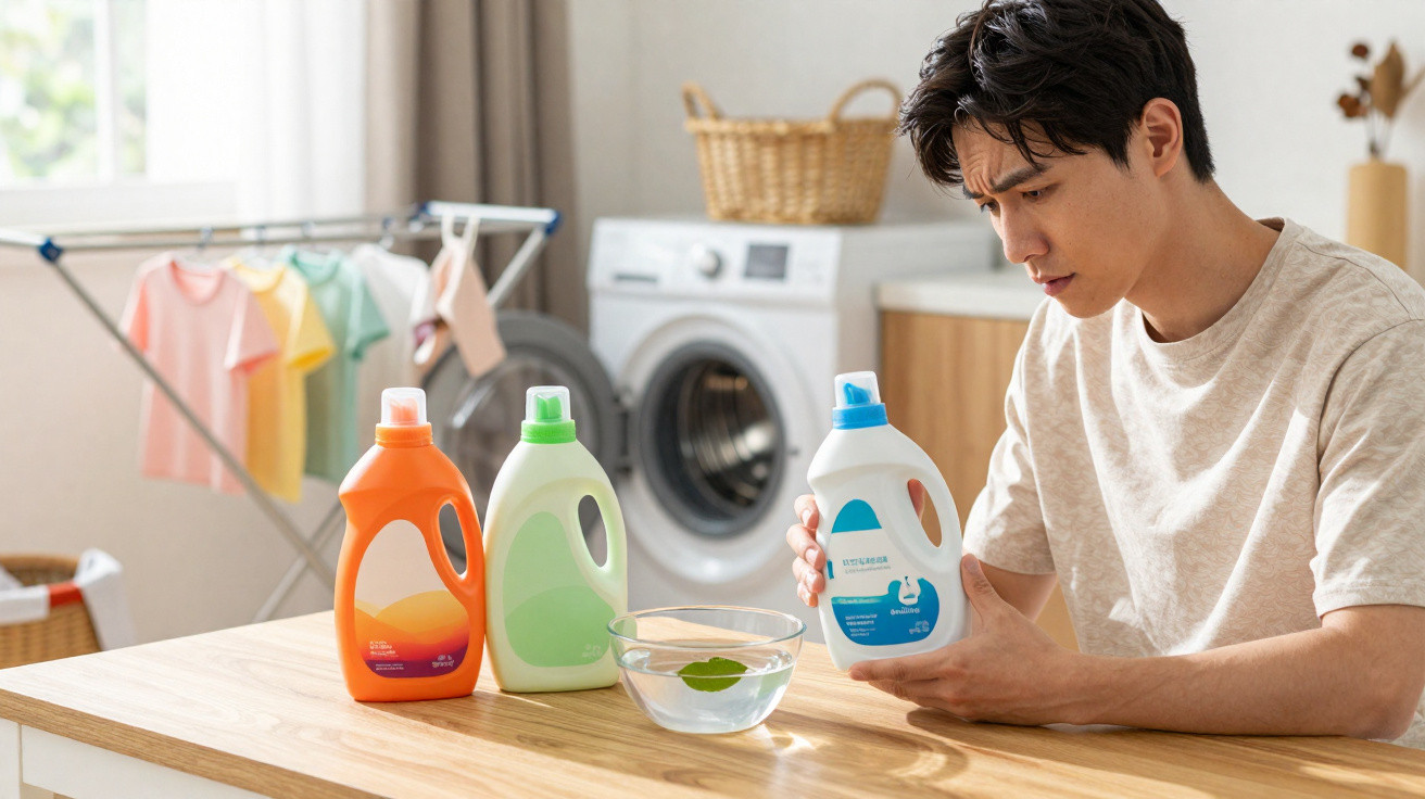 Man reading label on laundry detergent bottle with washing machine and drying rack in background