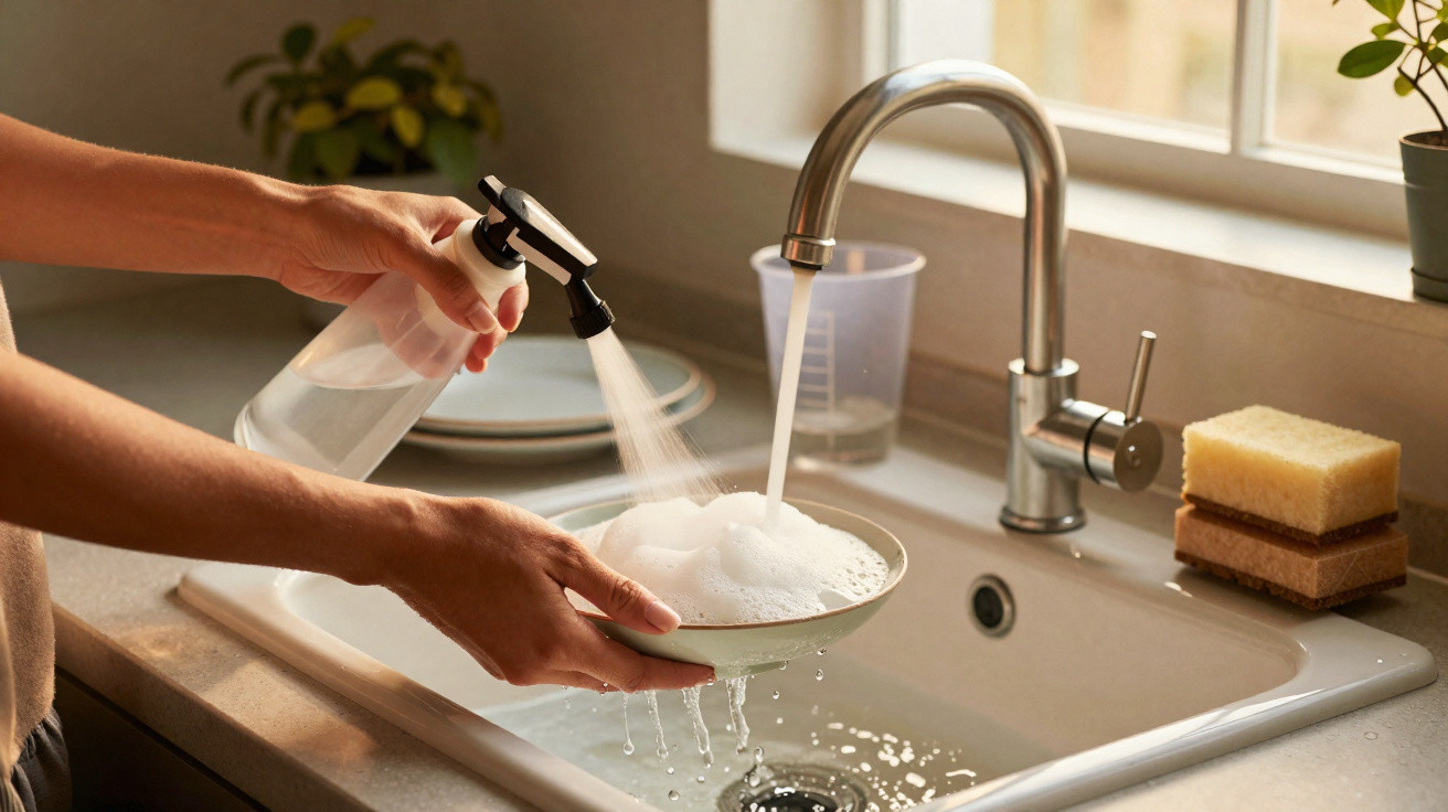 Person spraying water on a soapy plate under a running kitchen tap in a bright sink area.