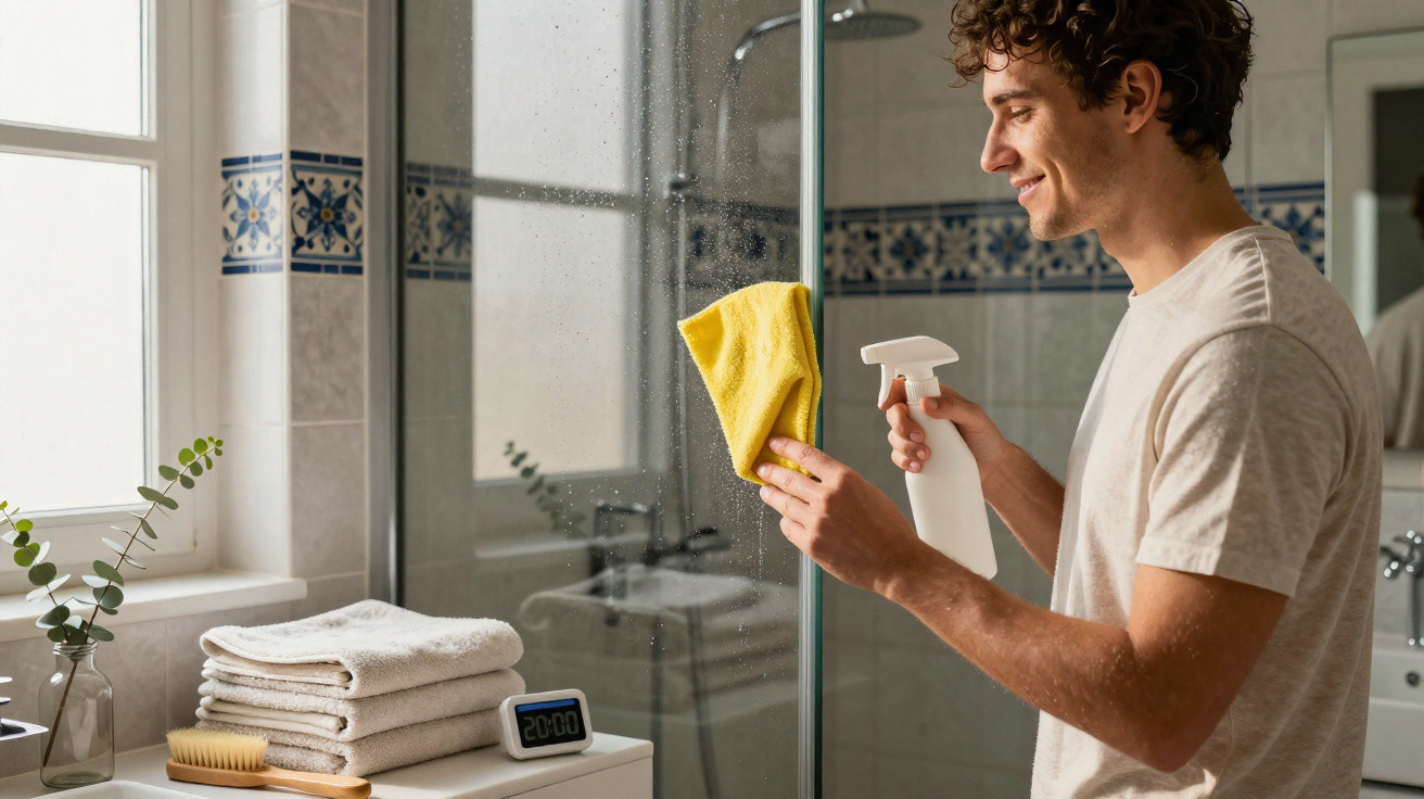 Young man cleaning a glass shower door with a yellow cloth and spray bottle in a bright bathroom.