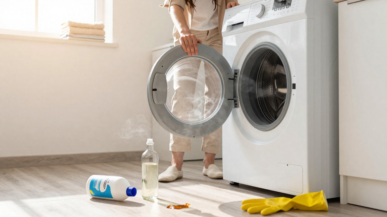 Person opening front-loading washing machine in bright laundry room with cleaning supplies and yellow gloves on floor