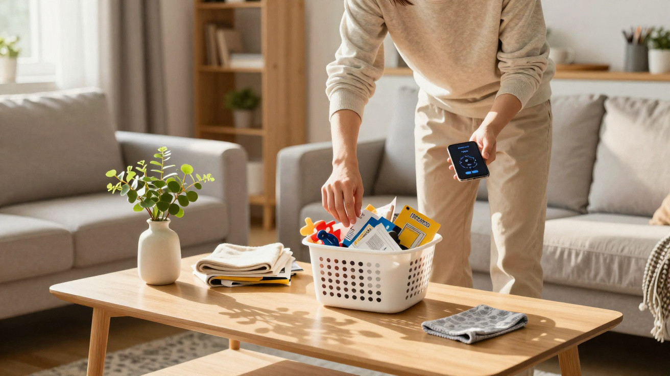 Person organising a plastic basket of toys on a wooden coffee table in a cosy living room.