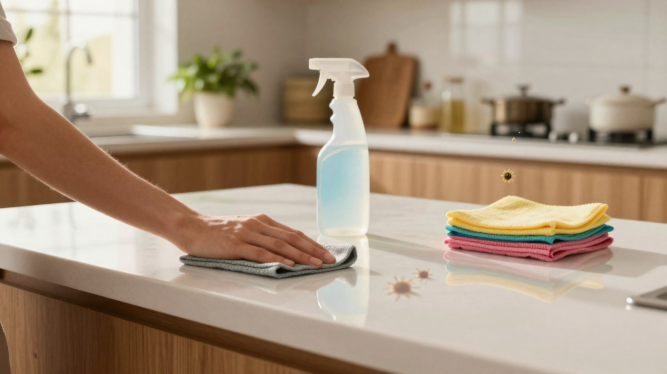 Hand wiping a kitchen countertop with a cloth alongside a spray bottle and stacked cleaning cloths.